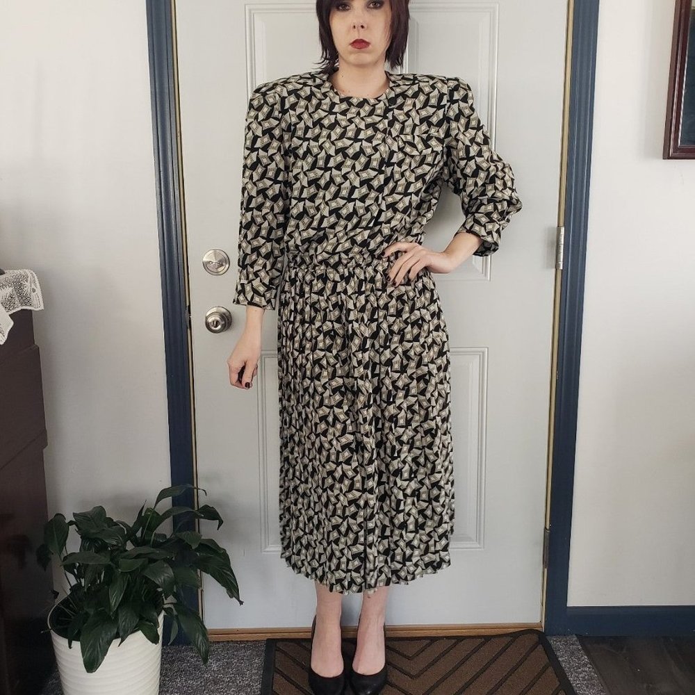 80s Black and Green Pleated Midi Dress‎